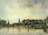 A Townview with Moored Vessels along a Quay by Johan Hendrik Van Mastenbroek